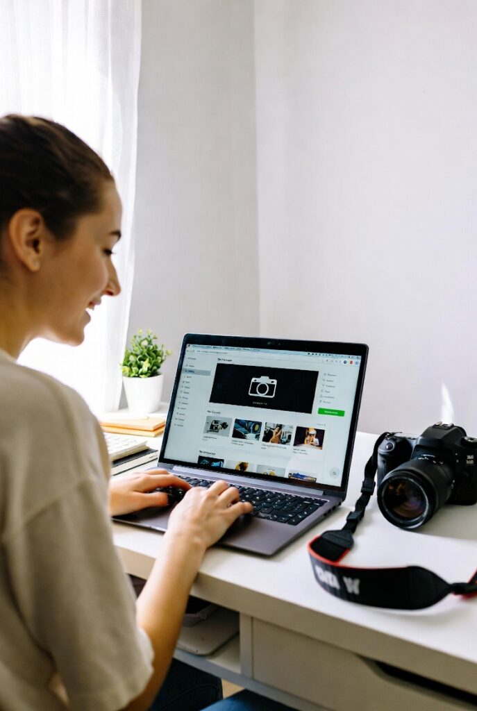 Student exploring photography lessons online on a laptop with a camera nearby