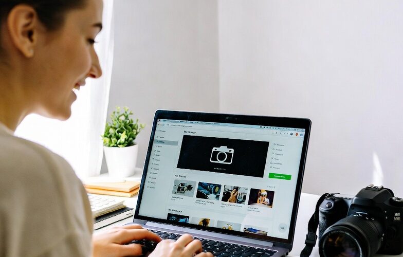 Student exploring photography lessons online on a laptop with a camera nearby