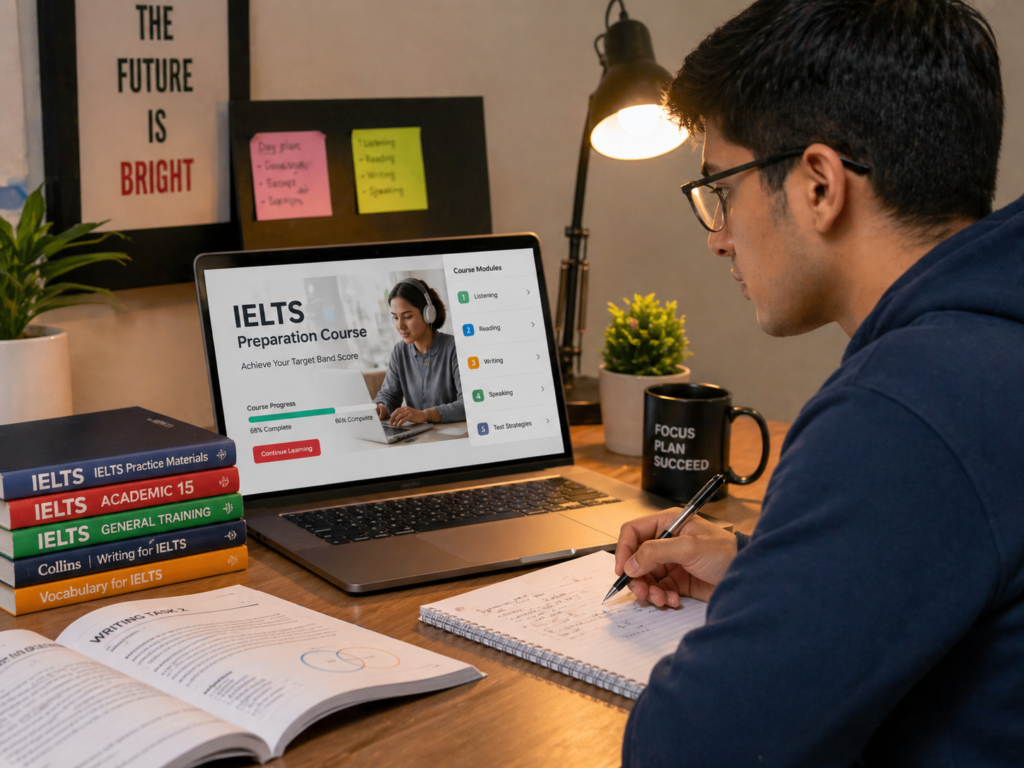 Student preparing for IELTS online with laptop and study materials
