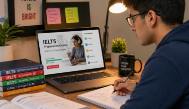 Student preparing for IELTS online with laptop and study materials