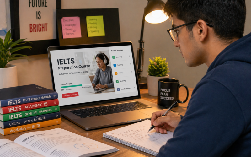 Student preparing for IELTS online with laptop and study materials