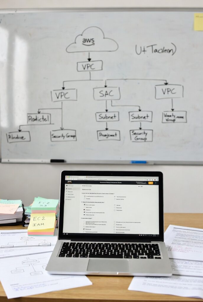 Studying for AWS exam with practice tests and handwritten notes