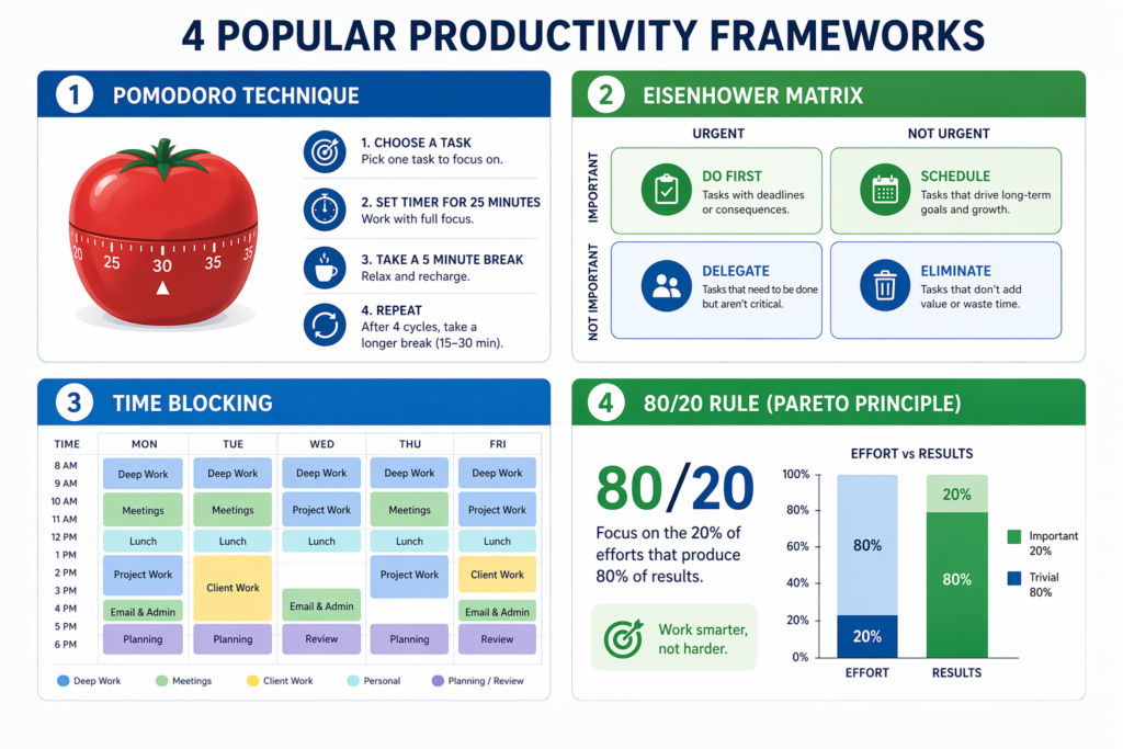 Time management strategies including Pomodoro, Eisenhower Matrix, and time blocking visualised