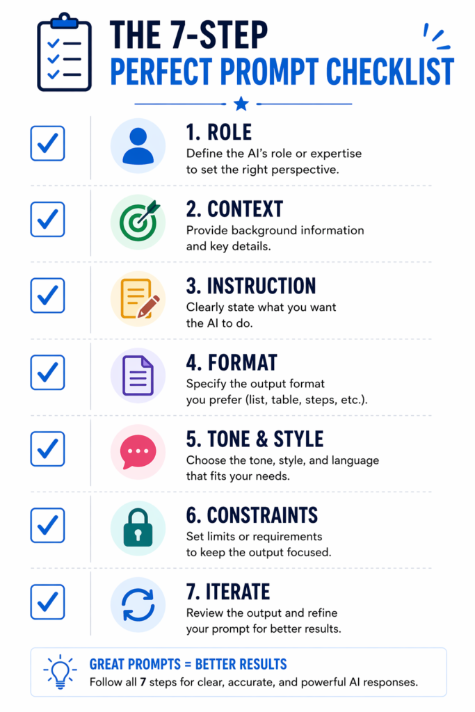 Visual checklist with 7 items Role, Context, Instruction, Format, Tone, Constraints, Iterate — each with a checkbox icon