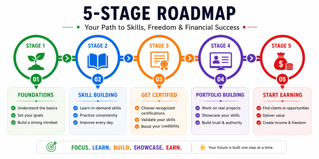 Visual roadmap showing 5 color-coded stages from foundations to earning with prompt engineering
