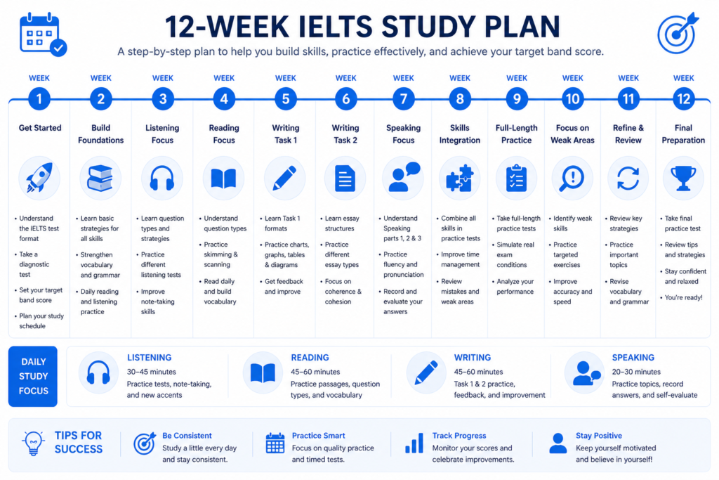 Week-by-week IELTS preparation plan showing study schedule for band 7 target