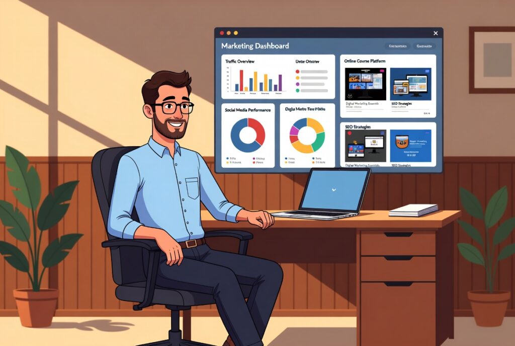 business owner learning digital marketing courses online on laptop