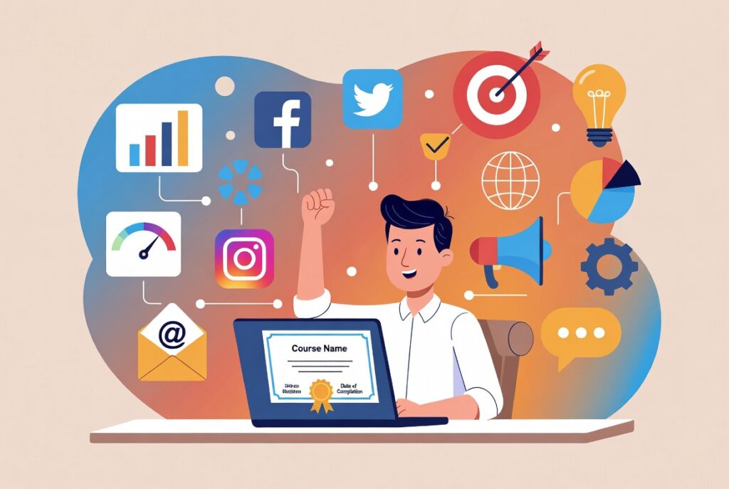 entrepreneur celebrating completing online business marketing education journey