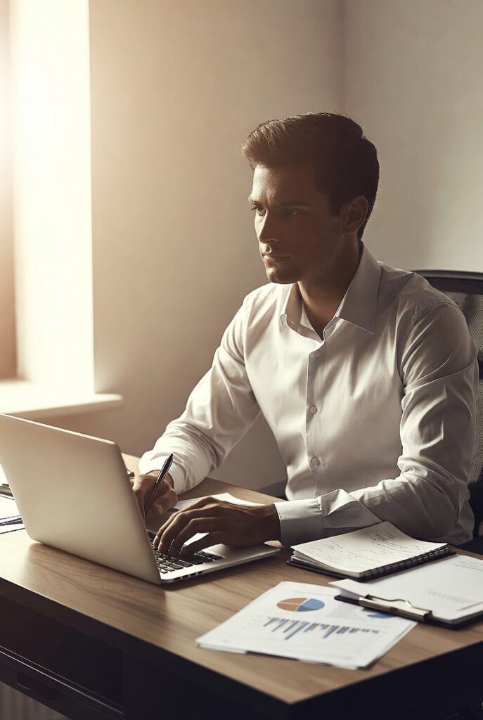 entrepreneur taking online business management training at a modern desk