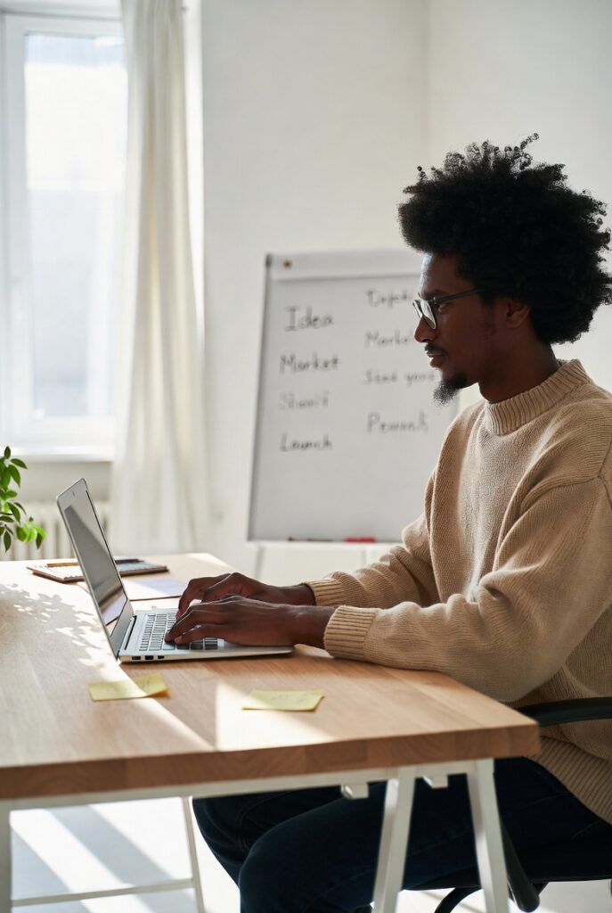 entrepreneur working on a laptop with startup planning notes on whiteboard