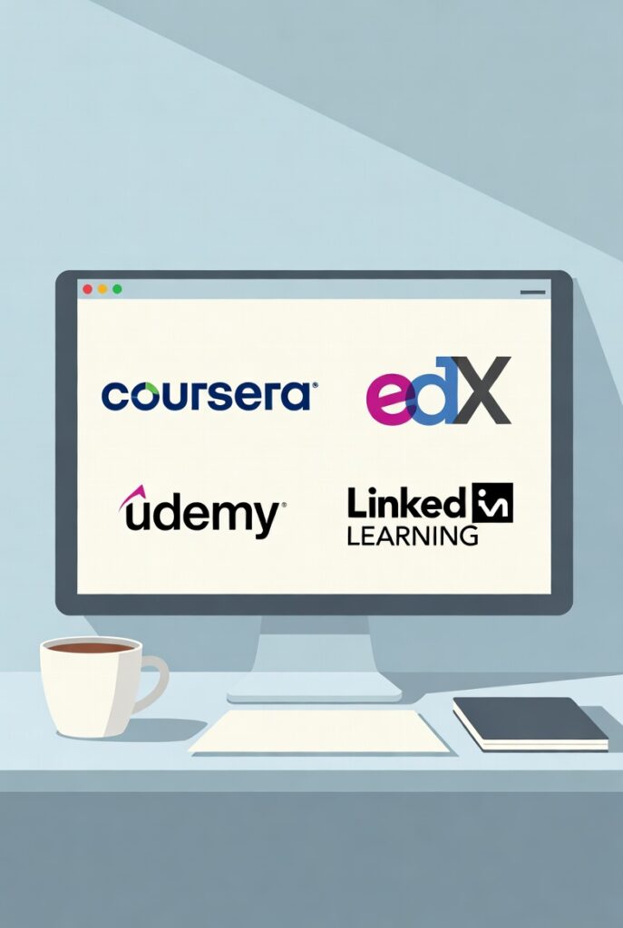 online learning platforms displayed on a monitor for digital marketing and social media courses