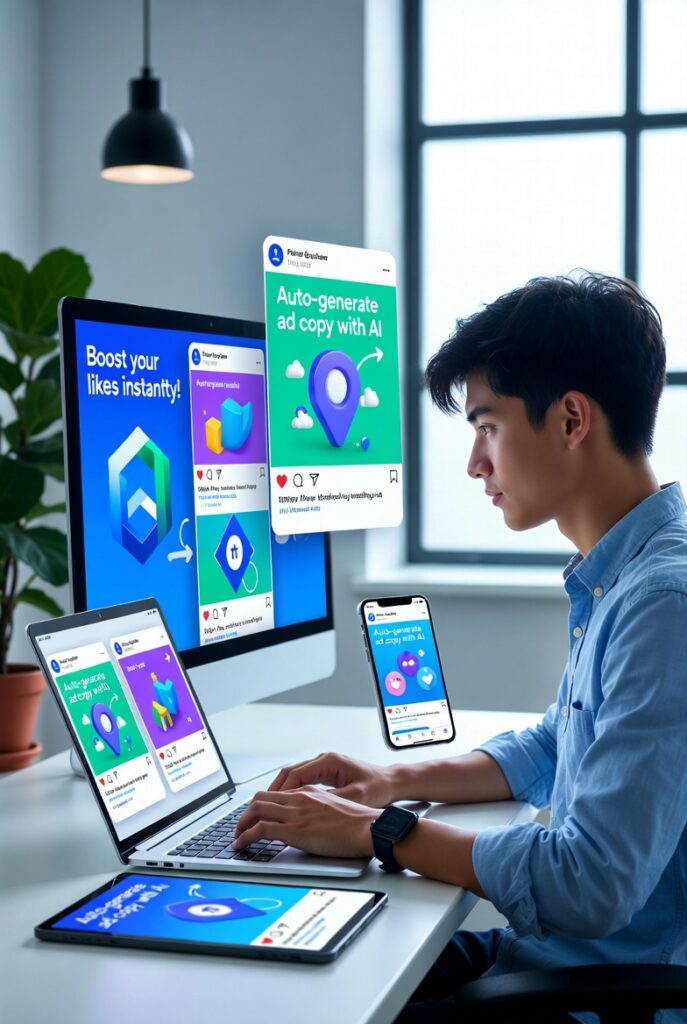 professional using free AI tools for marketing and copywriting on laptop