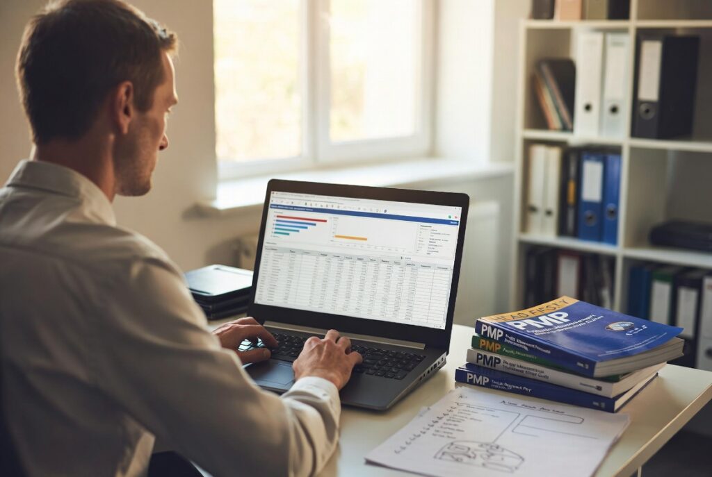 project management professional studying for PMP exam on laptop with books