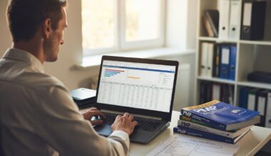 project management professional studying for PMP exam on laptop with books