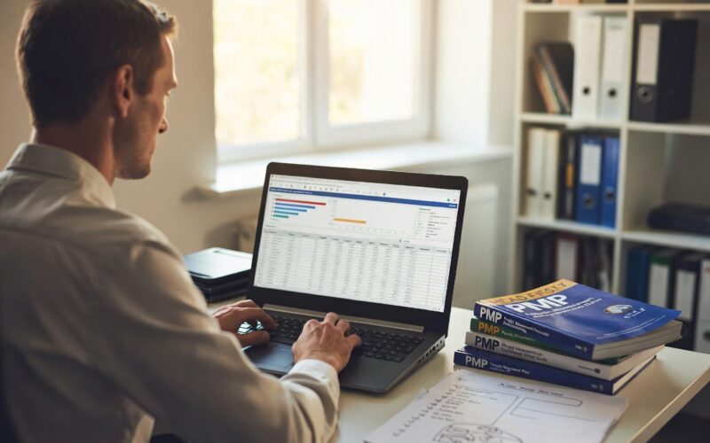 project management professional studying for PMP exam on laptop with books