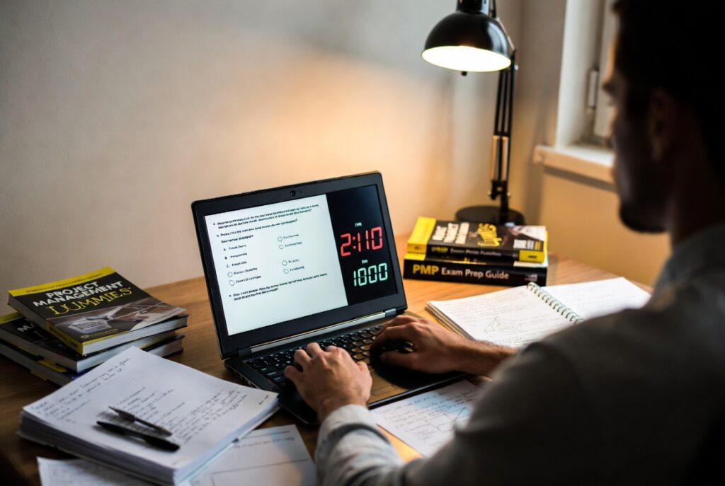 project manager reviewing practice exam questions for professional certification prep