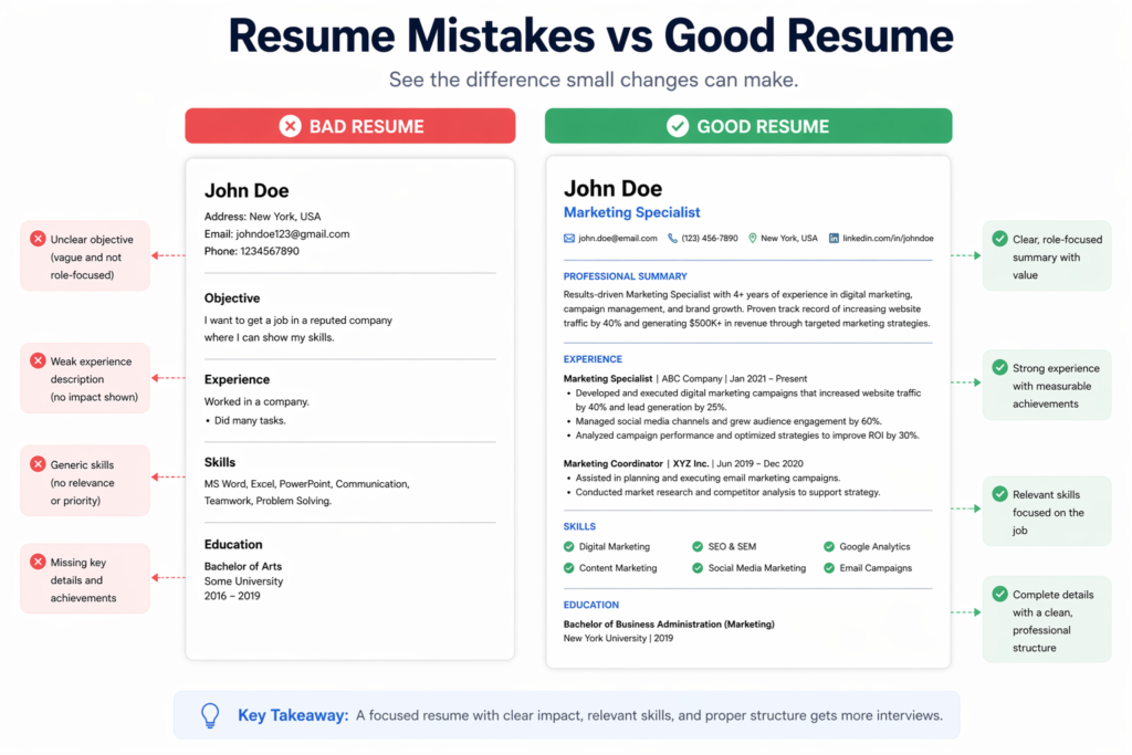 resume mistakes vs good resume before and after
