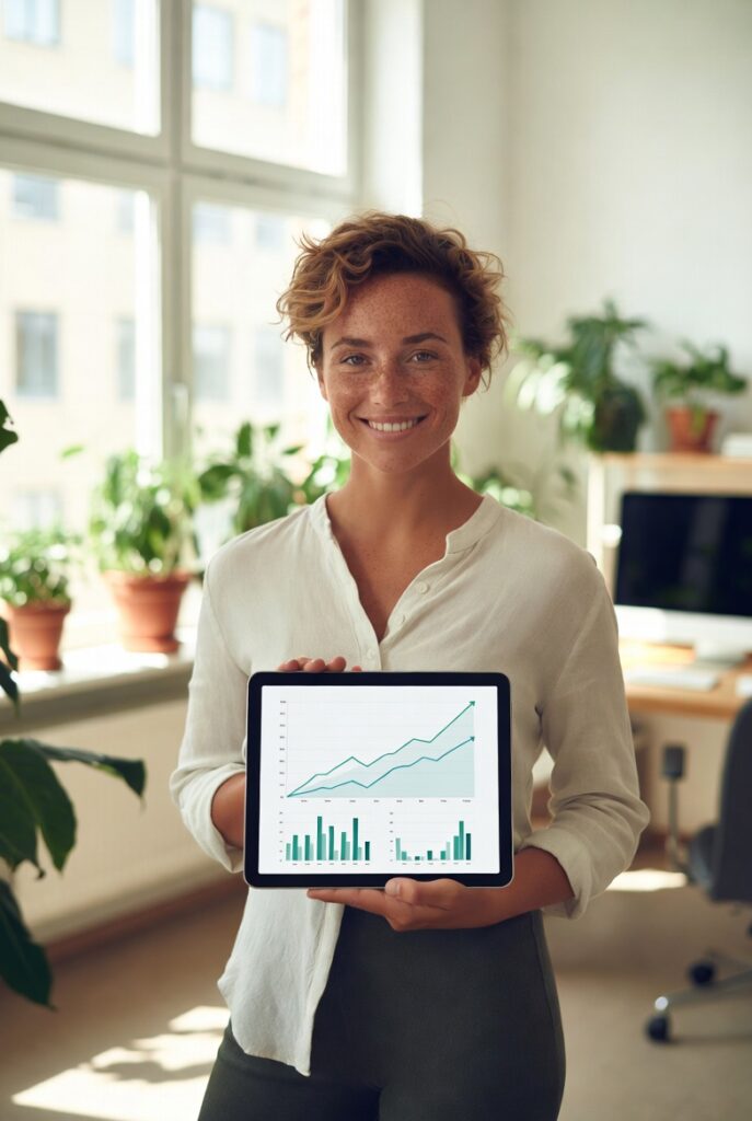 small business owner reviewing revenue growth results after completing management training