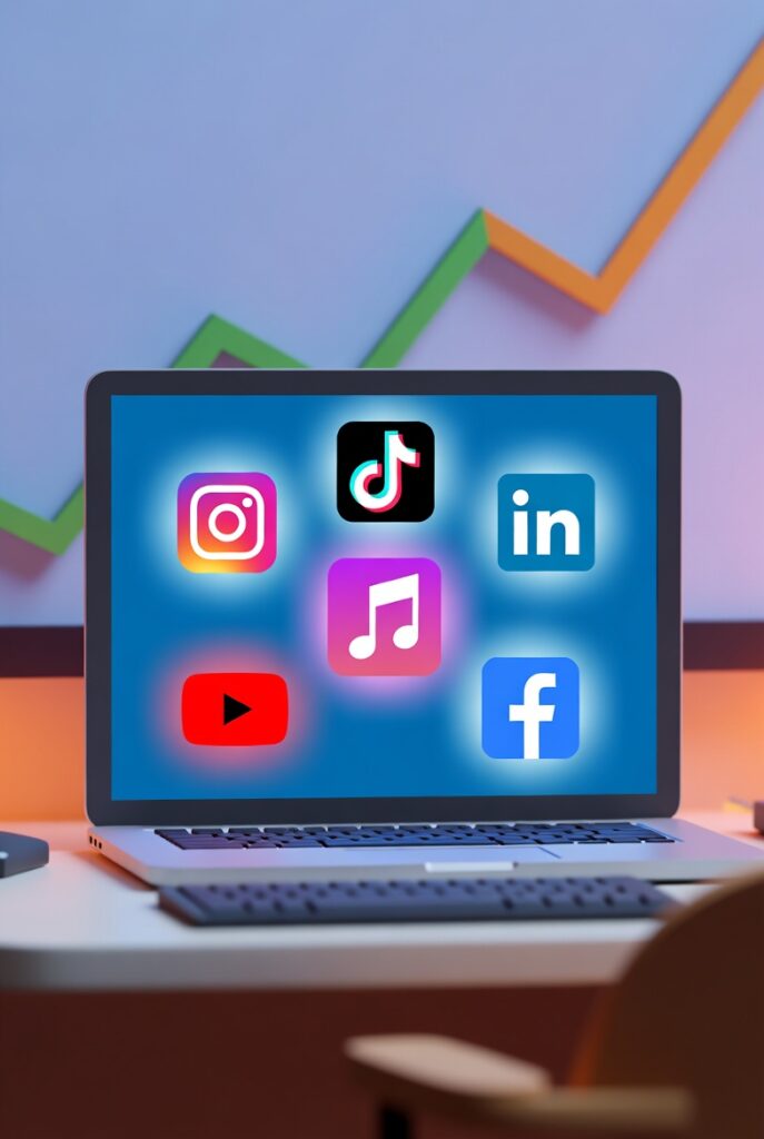 social media marketing course overview with platforms like Instagram TikTok and LinkedIn on a laptop screen