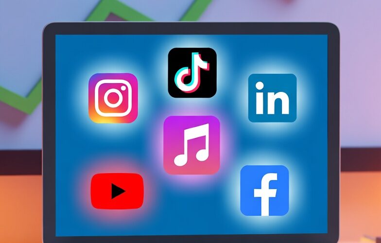 social media marketing course overview with platforms like Instagram TikTok and LinkedIn on a laptop screen