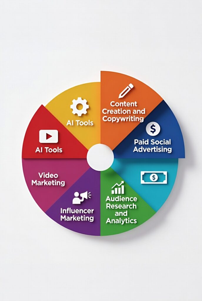social media marketing skills wheel showing content creation analytics paid ads and influencer marketing