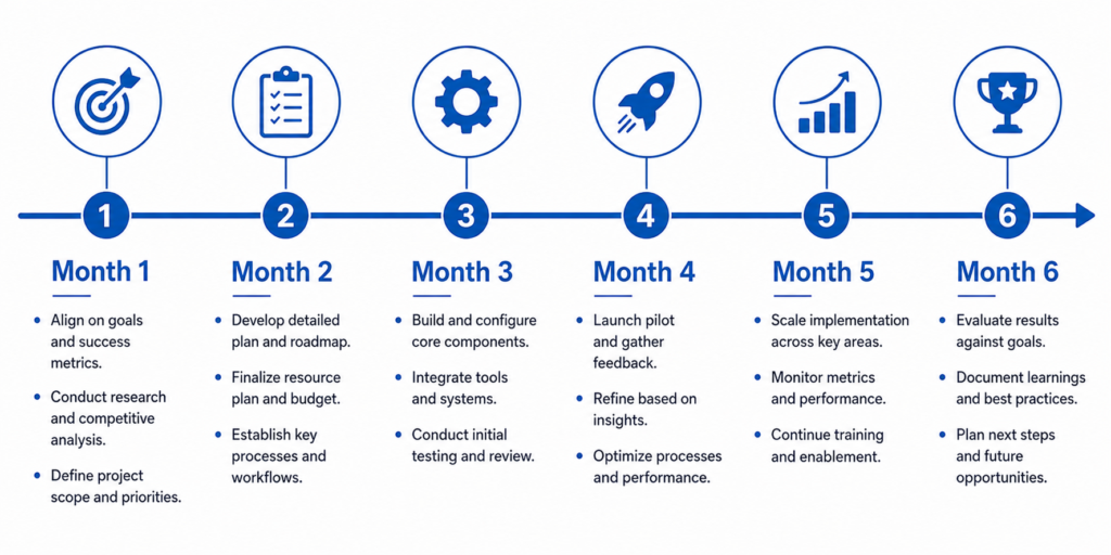 6-month data analyst roadmap timeline showing monthly learning phases from foundation to job-ready
