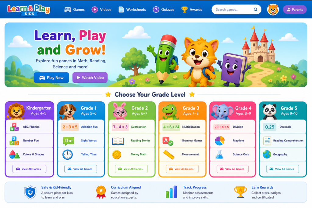 ABCya free educational games online for kindergarteners organised by grade level