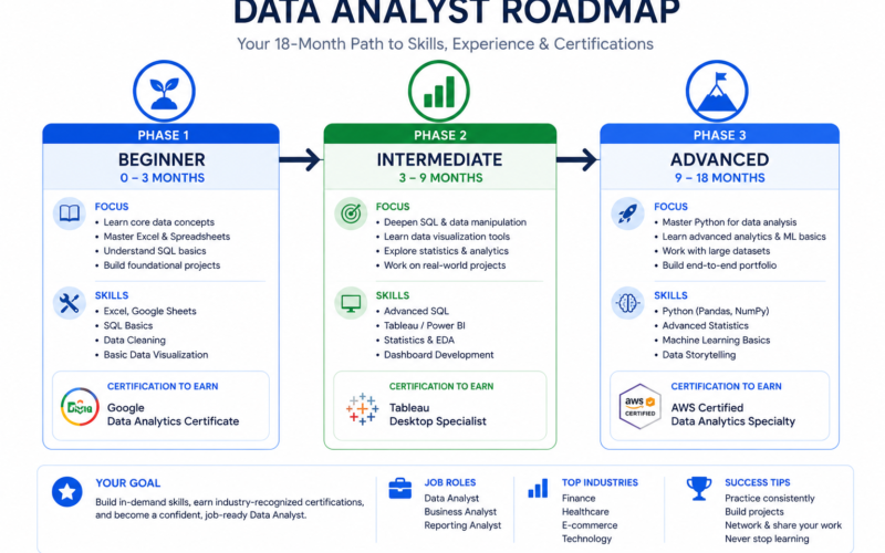 Data analyst certification roadmap showing beginner to advanced path in 2026