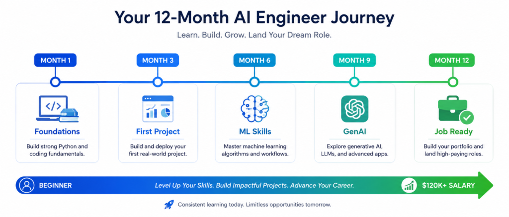 How to become AI engineer — 12-month career growth timeline from beginner to job-ready