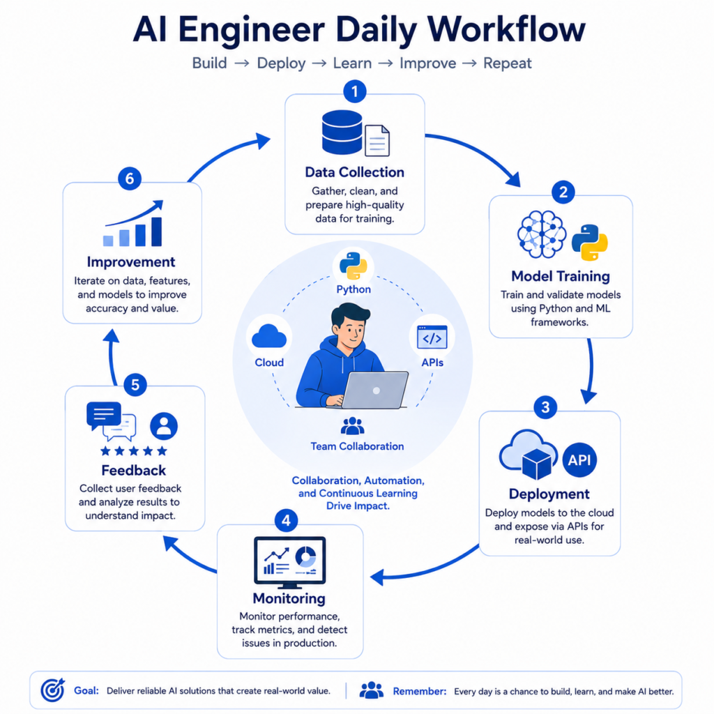 How to become AI engineer — daily tasks and responsibilities visual workflow