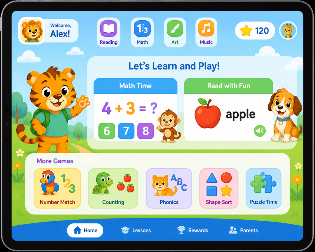 Khan Academy Kids free educational website for kindergarteners showing learning games interface