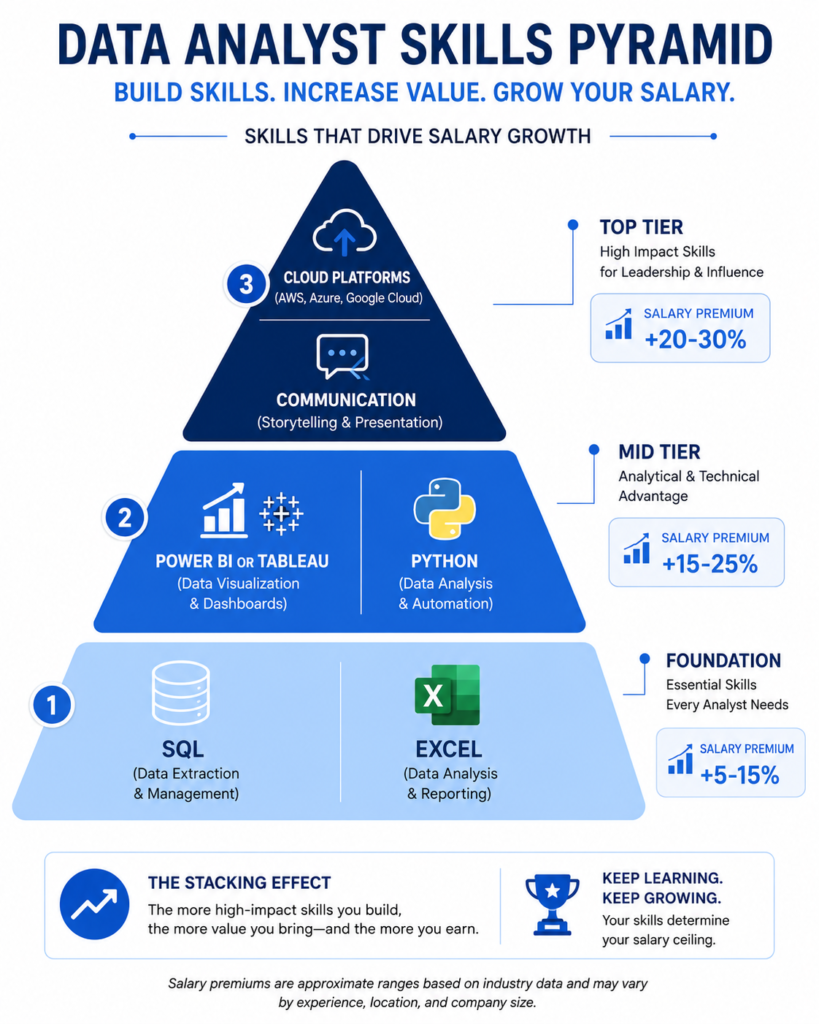 Pyramid chart showing data analyst salary increase by skill — SQL at base, Python and BI tools in middle, Cloud and Communication at top