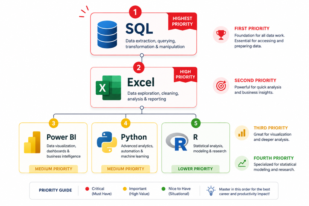 SQL vs Excel vs Python priority for beginner data analysts