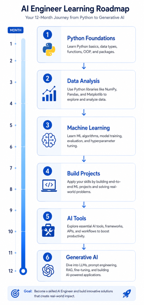 Step by step how to become AI engineer roadmap — Python, data, ML, GenAI, deployment