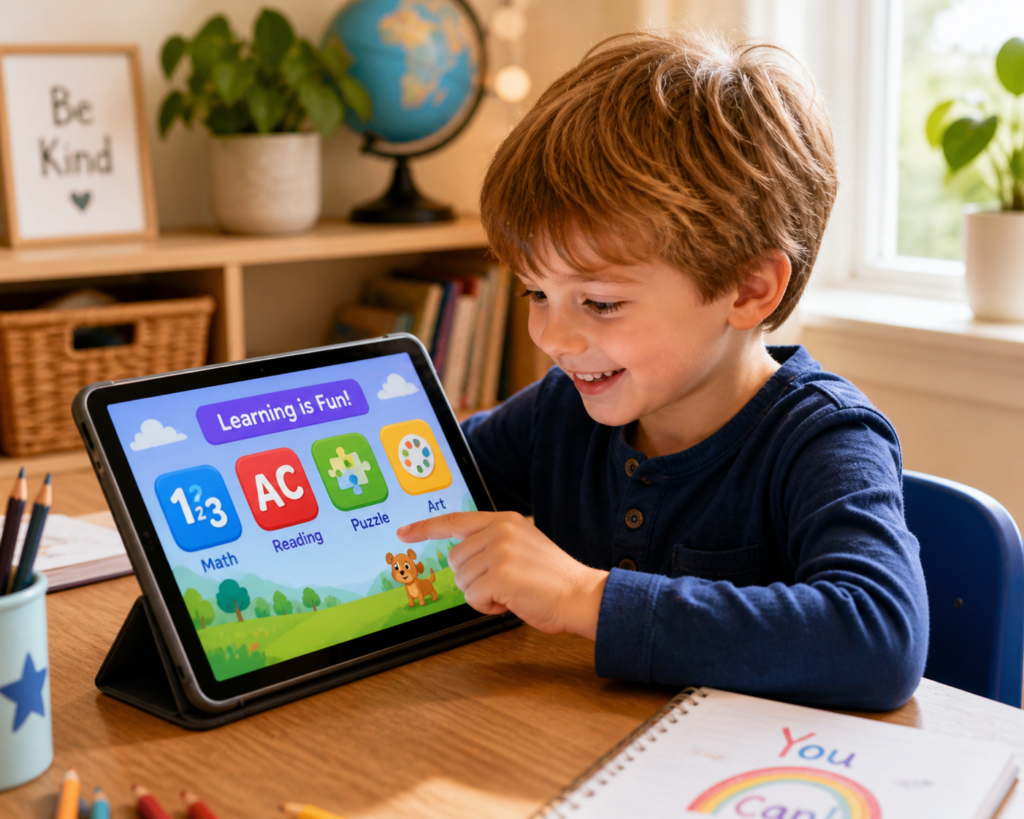 Young child aged 5 using free educational website for kindergarteners on a tablet with learning games