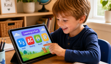 Young child aged 5 using free educational website for kindergarteners on a tablet with learning games
