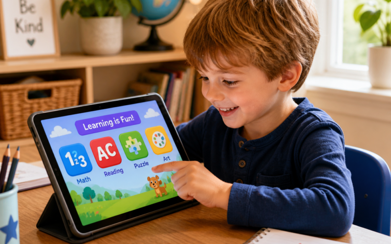 Young child aged 5 using free educational website for kindergarteners on a tablet with learning games