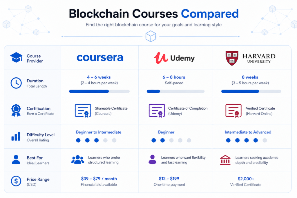 best blockchain courses online comparison chart