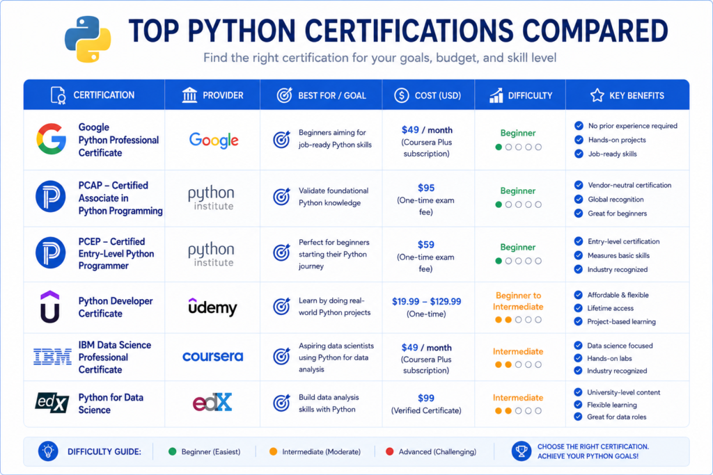 best python certification comparison chart 2026