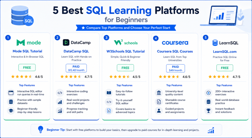 best sql courses for beginners comparison infographic 2026
