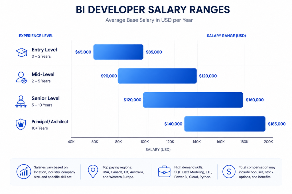 business intelligence developer salary range 2026 by experience level