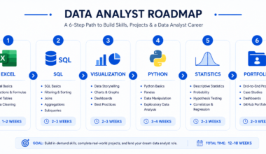 data analyst roadmap showing 6 stages from Excel to portfolio