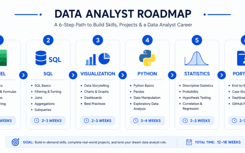 data analyst roadmap showing 6 stages from Excel to portfolio