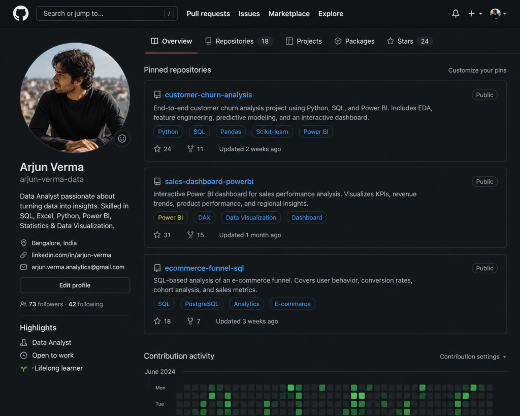 example GitHub portfolio for data analyst roadmap with organized repositories