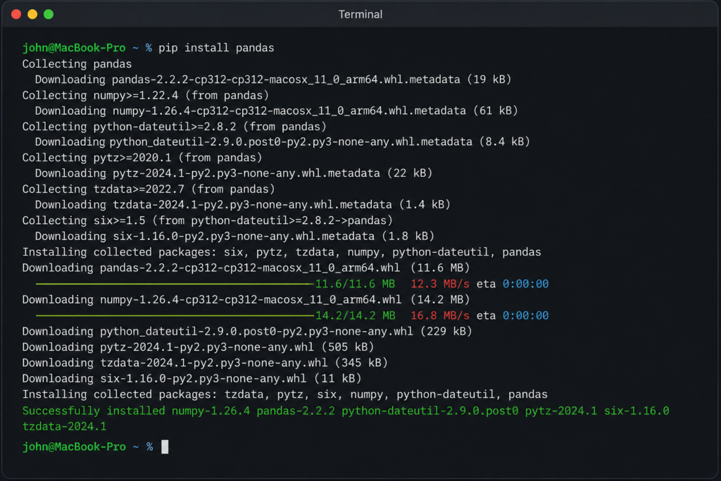 installing pandas python with pip command in terminal