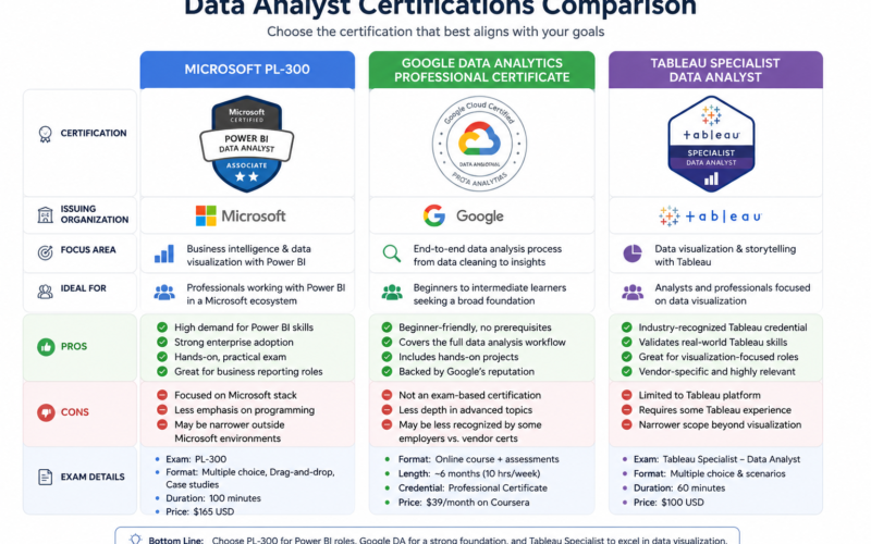 microsoft power bi certification vs google and tableau certifications comparison