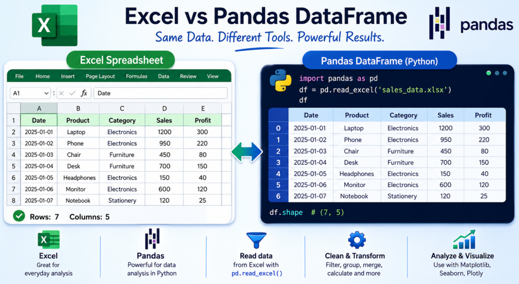 pandas dataframe compared to excel spreadsheet for beginners