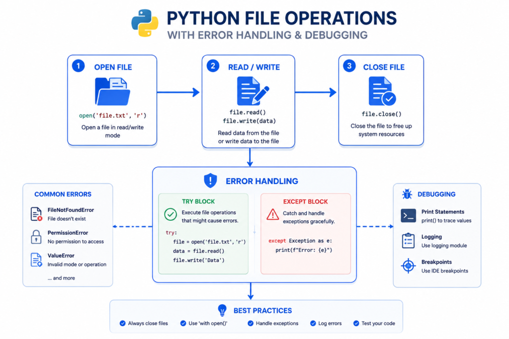 python file handling and error management diagram for beginners