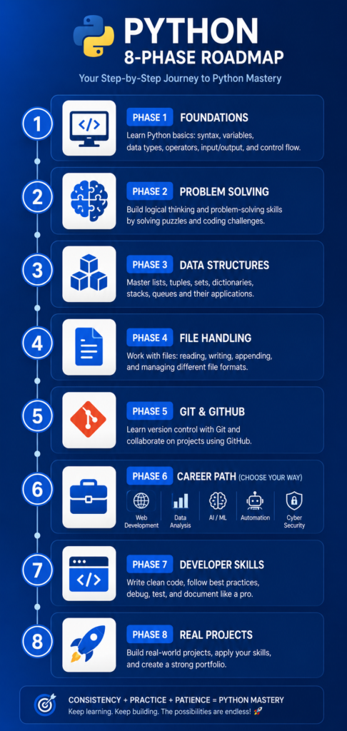 python roadmap 2026 complete 8 phase summary infographic