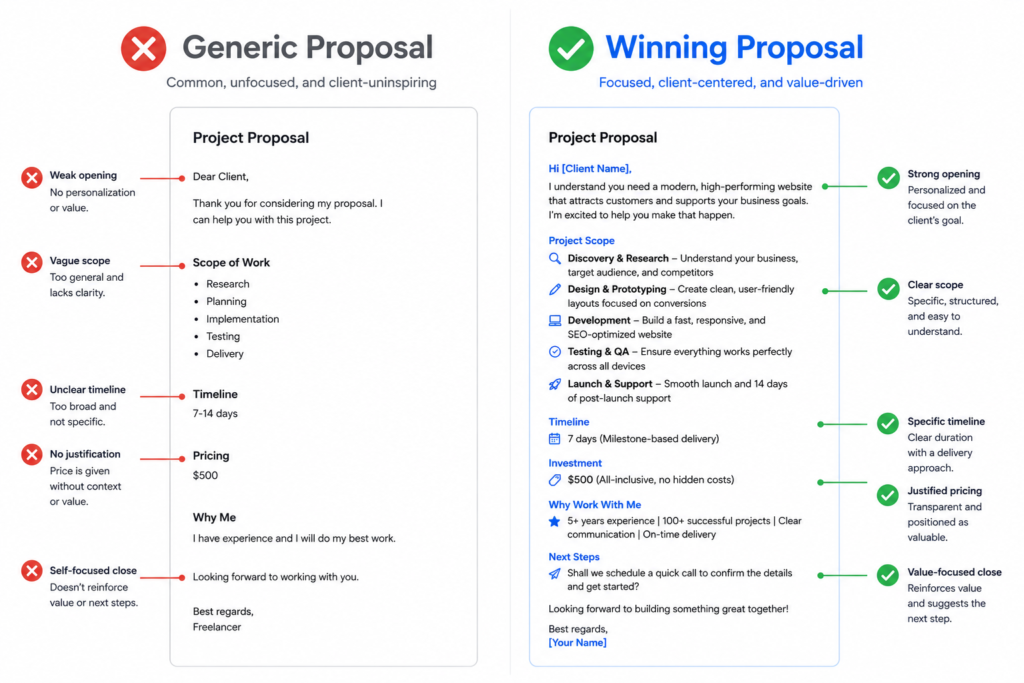 sample upwork proposal comparison showing weak generic proposal versus winning personalized proposal